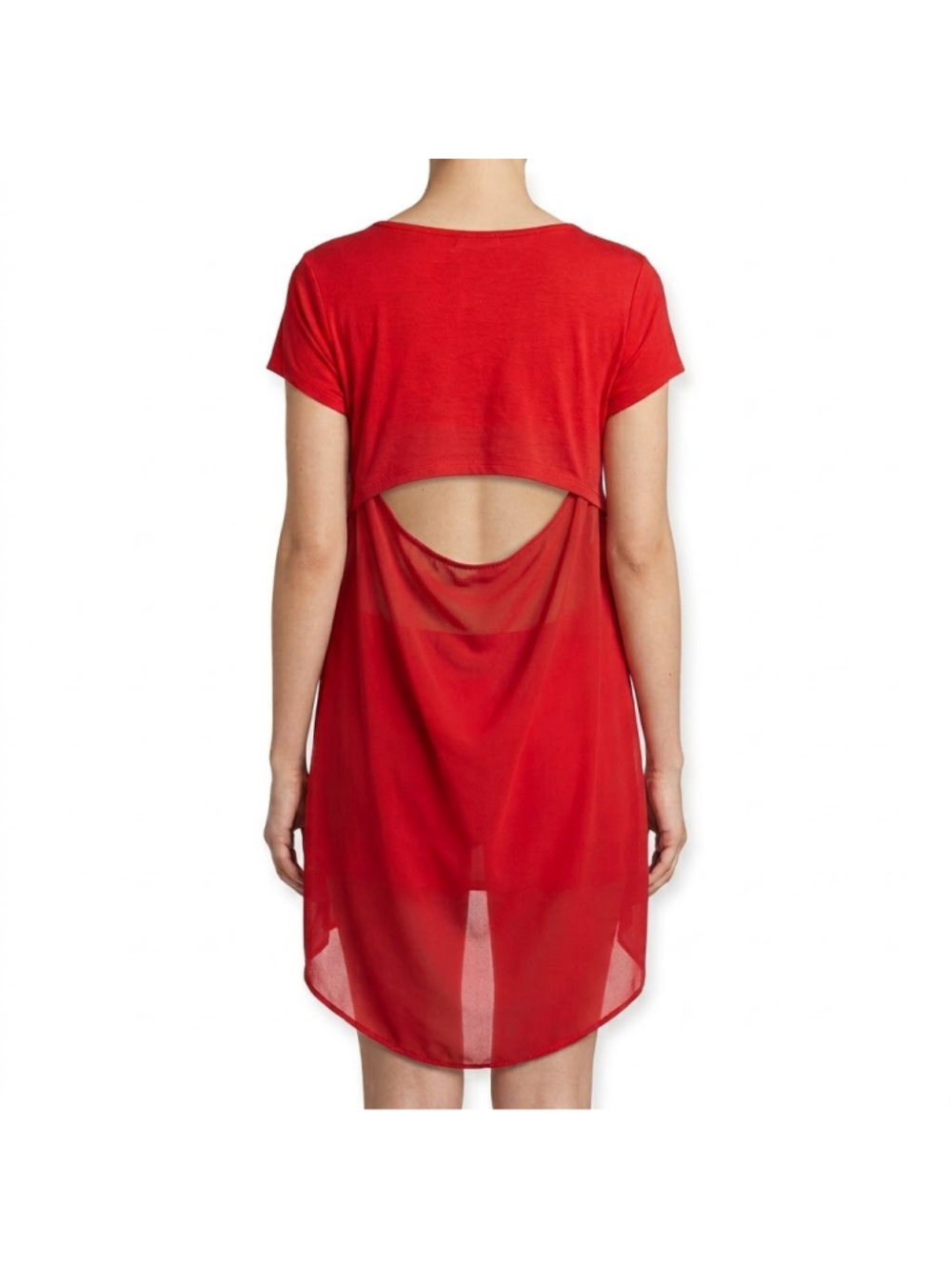 Women's High Low Red Top Short Sleeve Cutout Sheer Chiffon Hem S